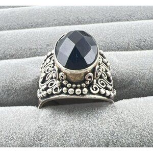 Suarti Bali Ring Sterling Silver BA Onyx Faceted Oval Pebbled Fillagree size 8